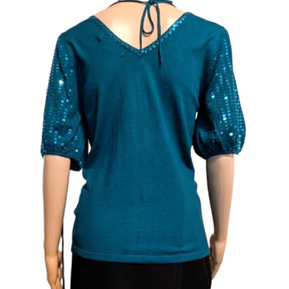 NWOT Laura Petite Sweater Top with Sequin Accents and Puff Sleeves - Picture 2 of 7